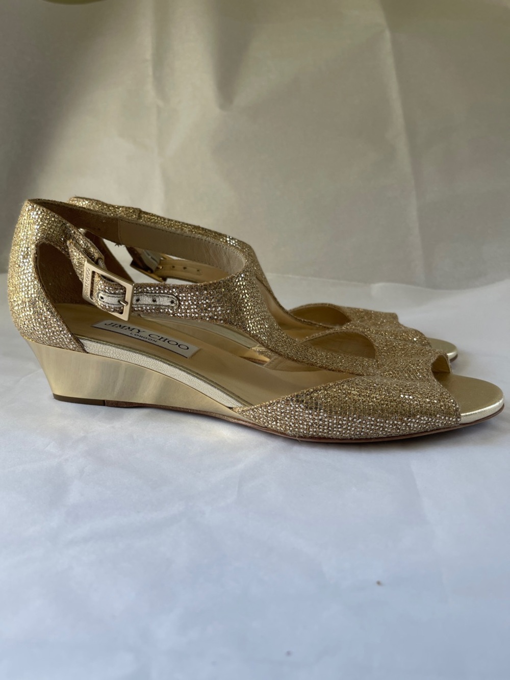 Jimmy Choo Gold Glitter Wedge Slingbacks